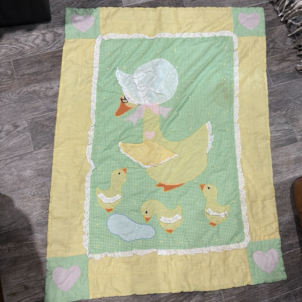 Vtg Mother Goose Baby Quilt Duck Gingham Lace Handmade Cottagecore Green Yellow